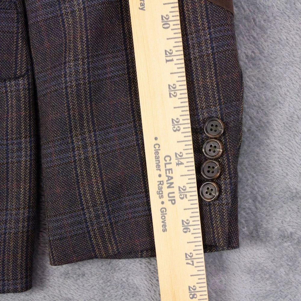 Stafford Sport Coat Blazer Mens 42R Slim Fit Brown Plaid Suede Elbow Patches